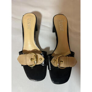 Franco Sarto Black Block Heel Sandals with Beige Buckle Detail Size 8M